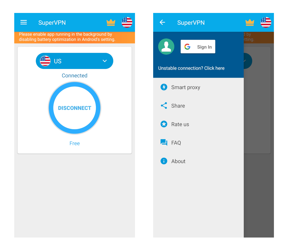 SuperVPN's Android app