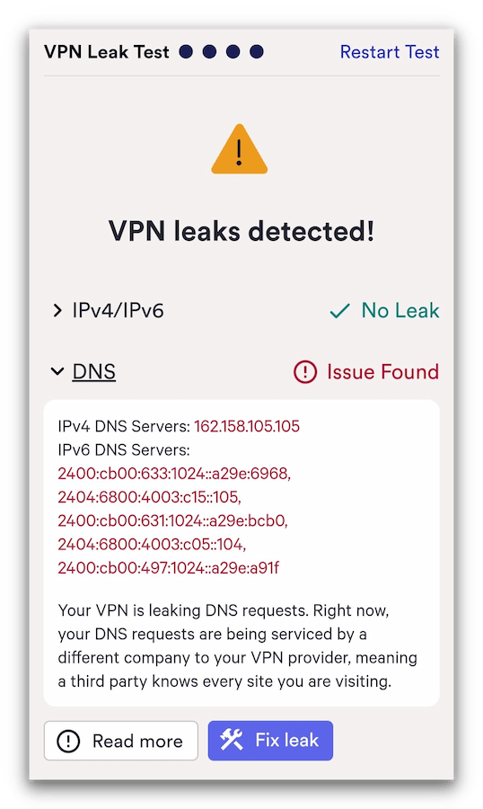 SuperVPN's leak test results