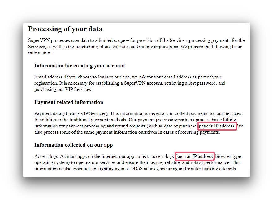 SuperVPN's 개인정보 취급방침