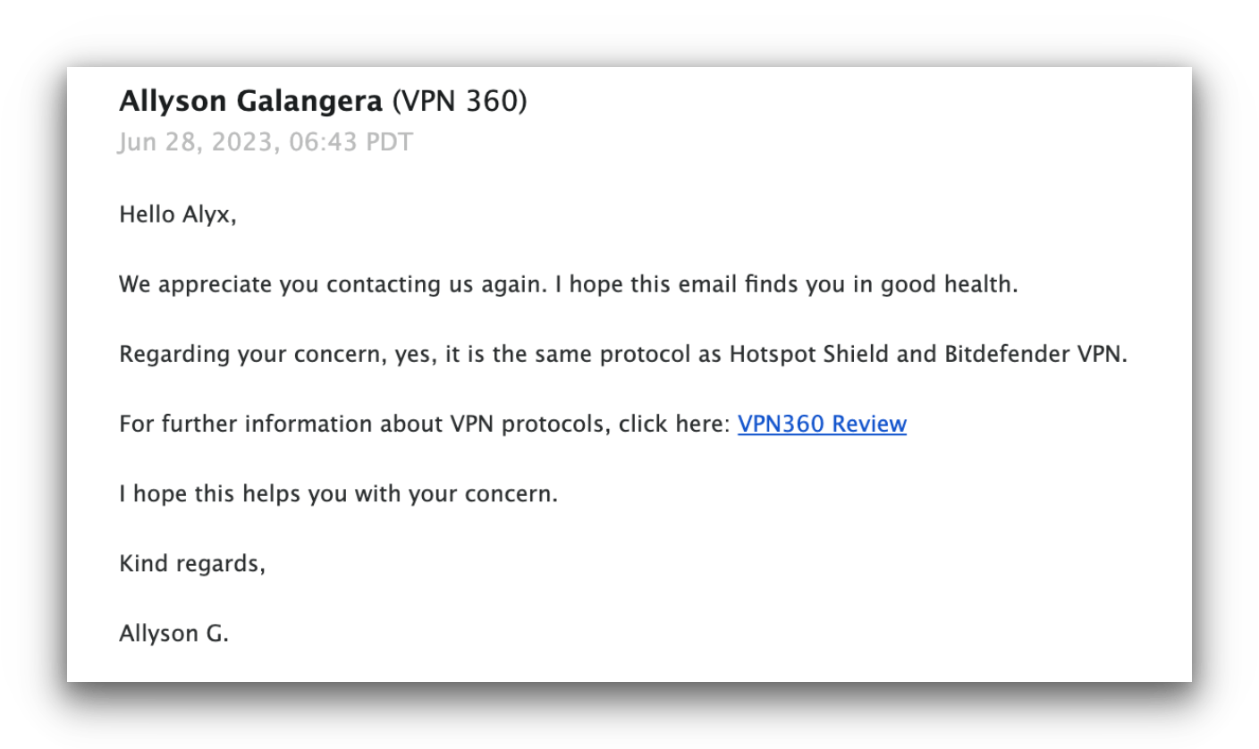 We’ve never seen a customer support agent link us to an external review for more information on a VPN service.
