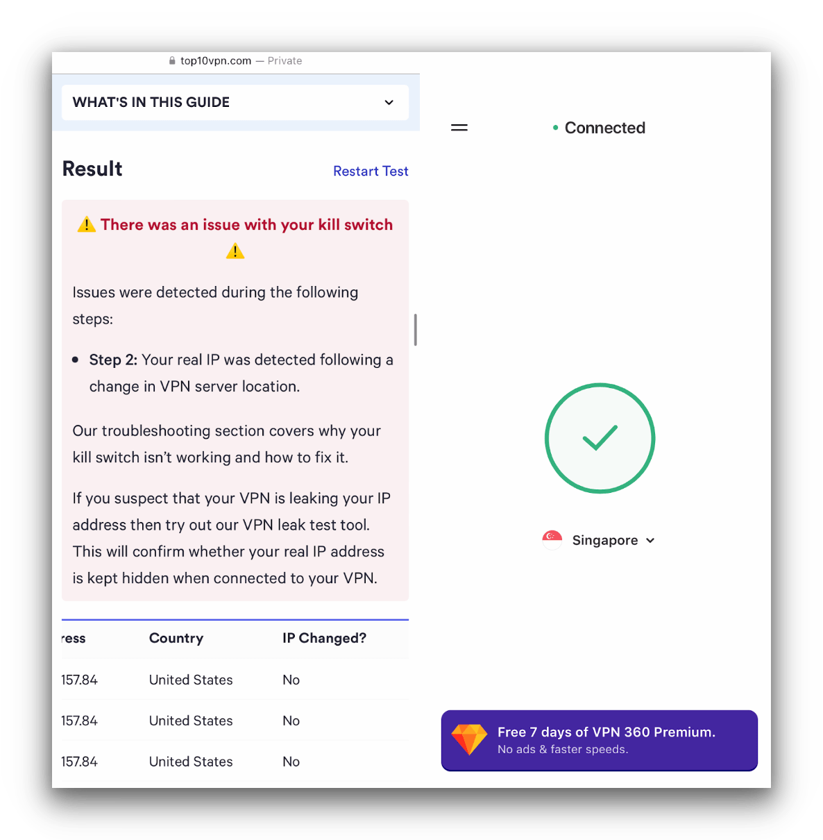 Our kill switch tool flagged VPN 360’s iOS app as faulty. 