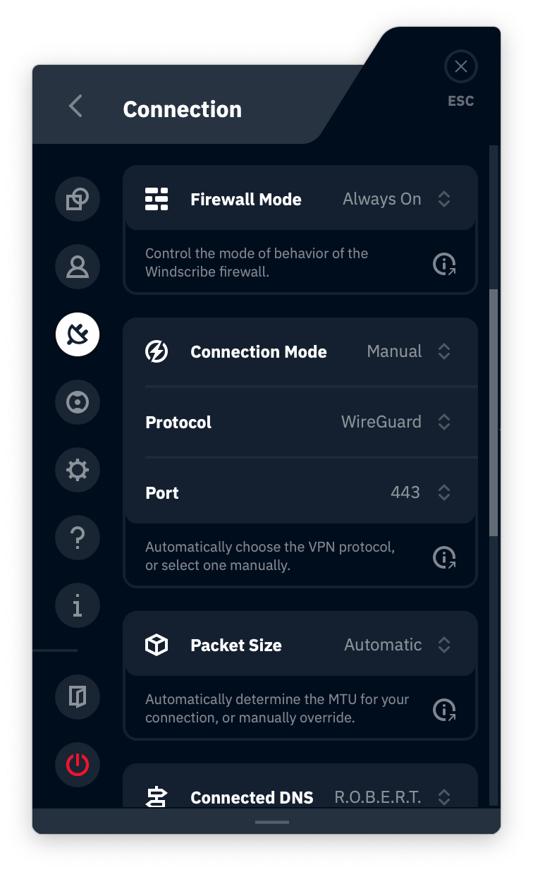 Windscribe VPN's Security Settings Menu