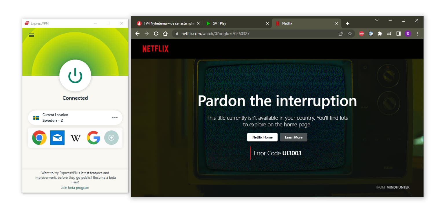 ExpressVPN avblockerar inte Netflix Sverige