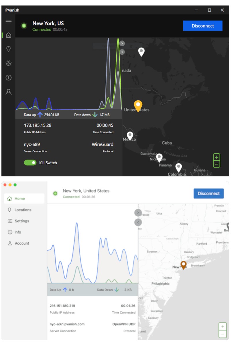 IPVanish's PC and macOS app side-by-side