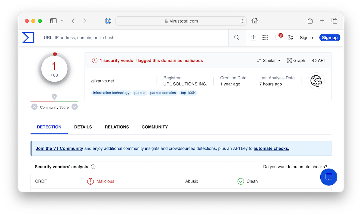 Fazendo uma varredura de malware no tennisstreams.com