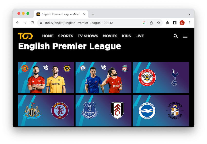 Live streaming Premier League games on TOD.