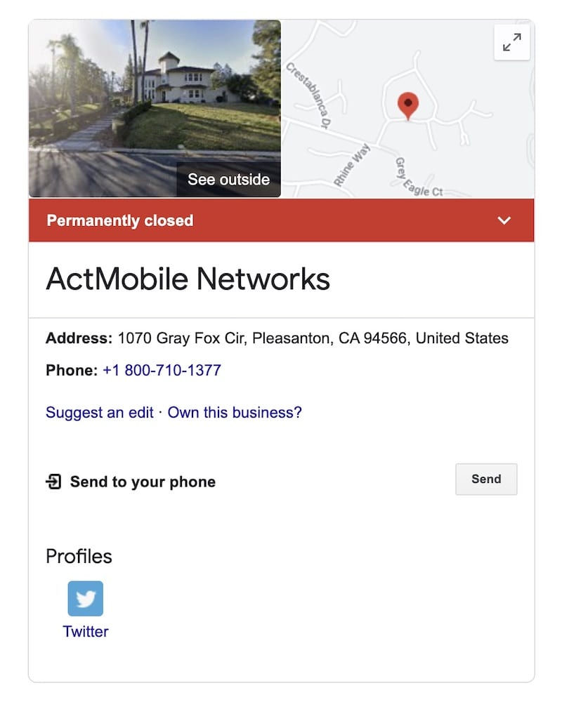 Google's search listing for ActMobile, declaring it 'permanently closed'.