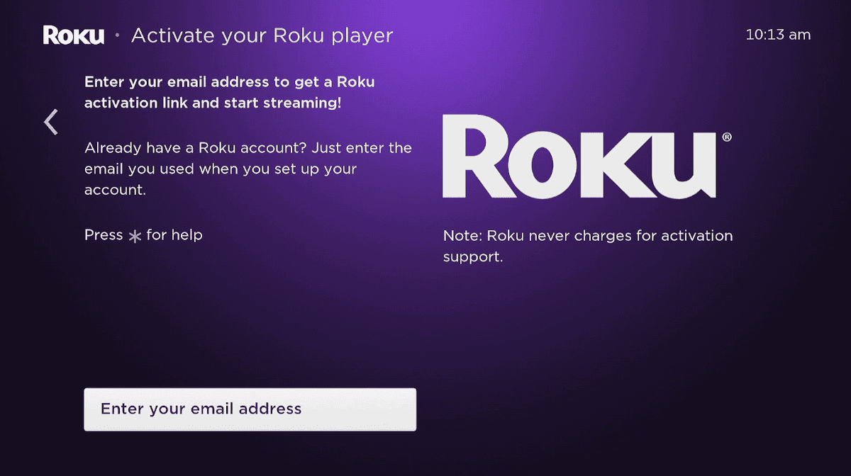 Roku player activation menu