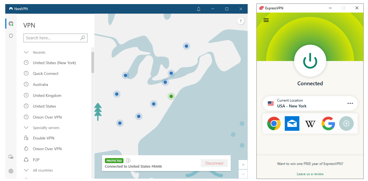 Écrans d'accueil de NordVPN et ExpressVPN sous Windows