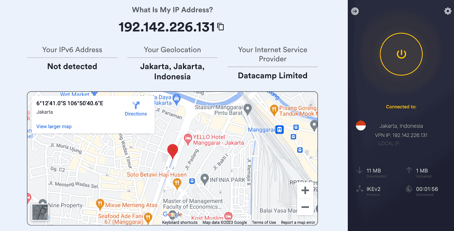 IP checker tool showing a Jakarta IP address while connected to CyberGhost.