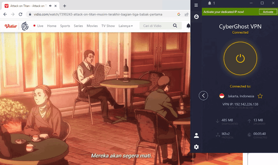 Streaming content on Vidio while connected to a CyberGhost server in Indonesia. 