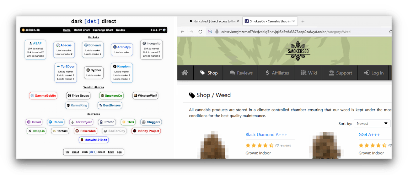Screenshots of dark.direct and the SmokersCo market.
