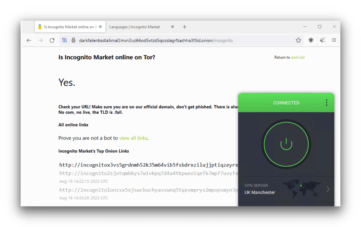 We used PIA and the Tor Browser to access dark.fail and the Incognito Market. 