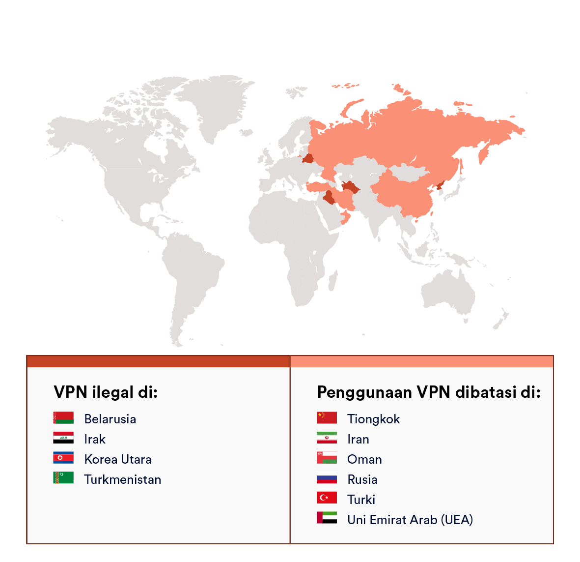 Peta yang menunjukkan negara yang menetapkan penggunaan VPN sebagai perbuatan ilegal atau dibatasi