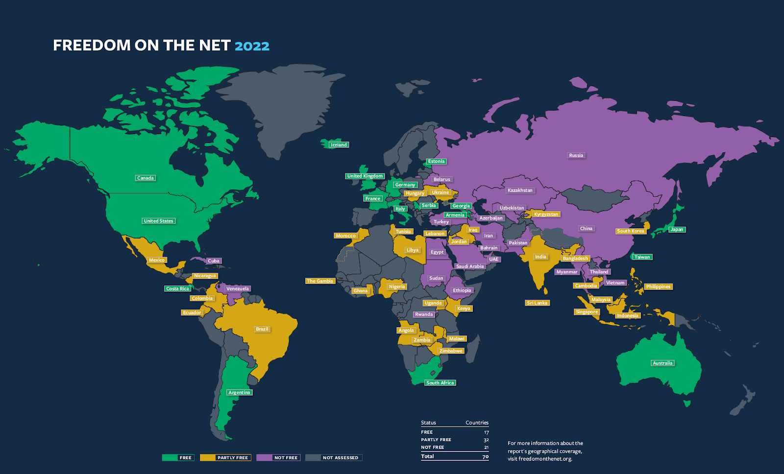 Freedom on the Net global freedom map 2022
