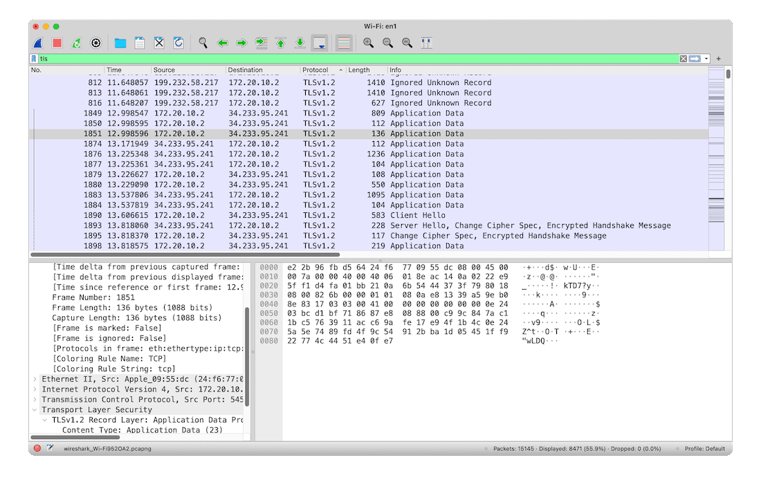 Performing a Wireshark packet sniffing test while using FreeVPN by FreeVPN.org. It shows that it uses TLSv1.2 encryption.