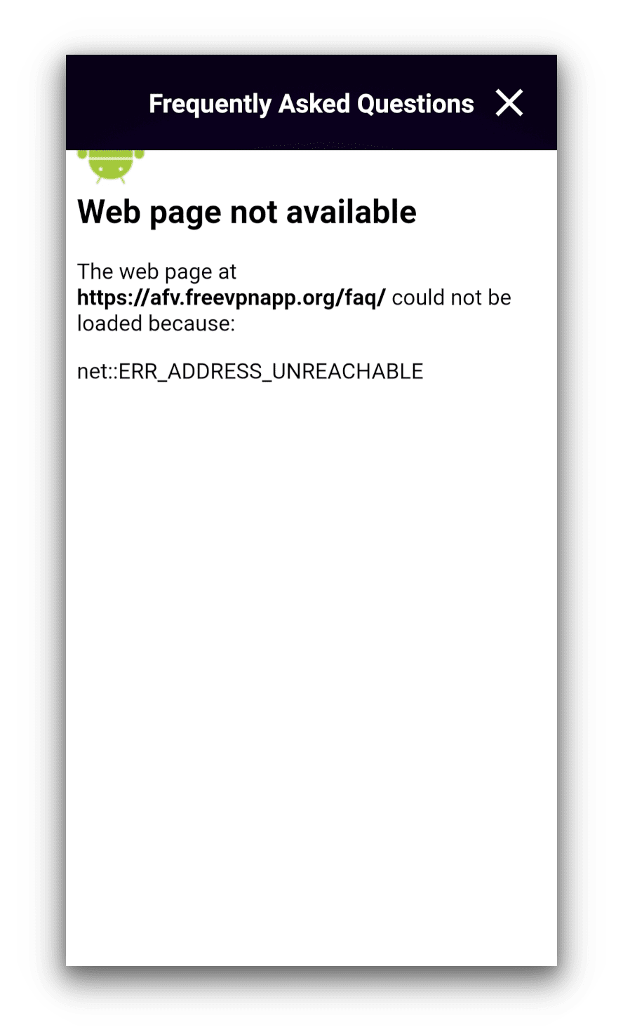 Attempting to see the FAQs page within the FreeVPN by FreeVPN.org. The page is inaccessible.