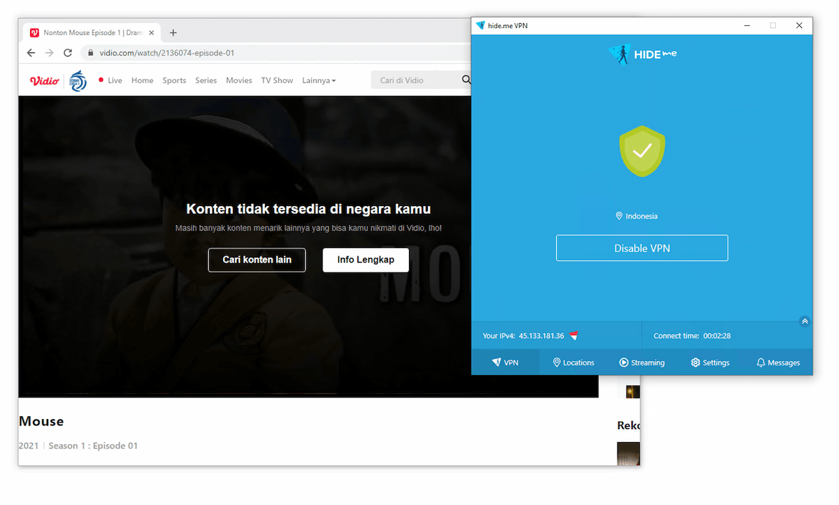 In our streaming tests, Hide.me failed to unblock Vidio Indonesian content. 