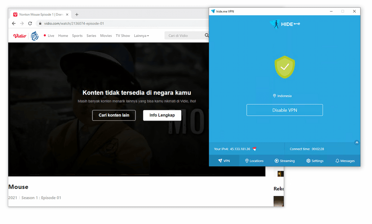 In our streaming tests, Hide.me failed to unblock Vidio Indonesian content.