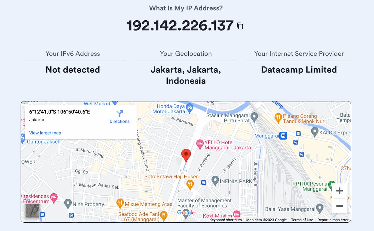 Herramienta de consulta de IP mostrando una dirección IP de Indonesia