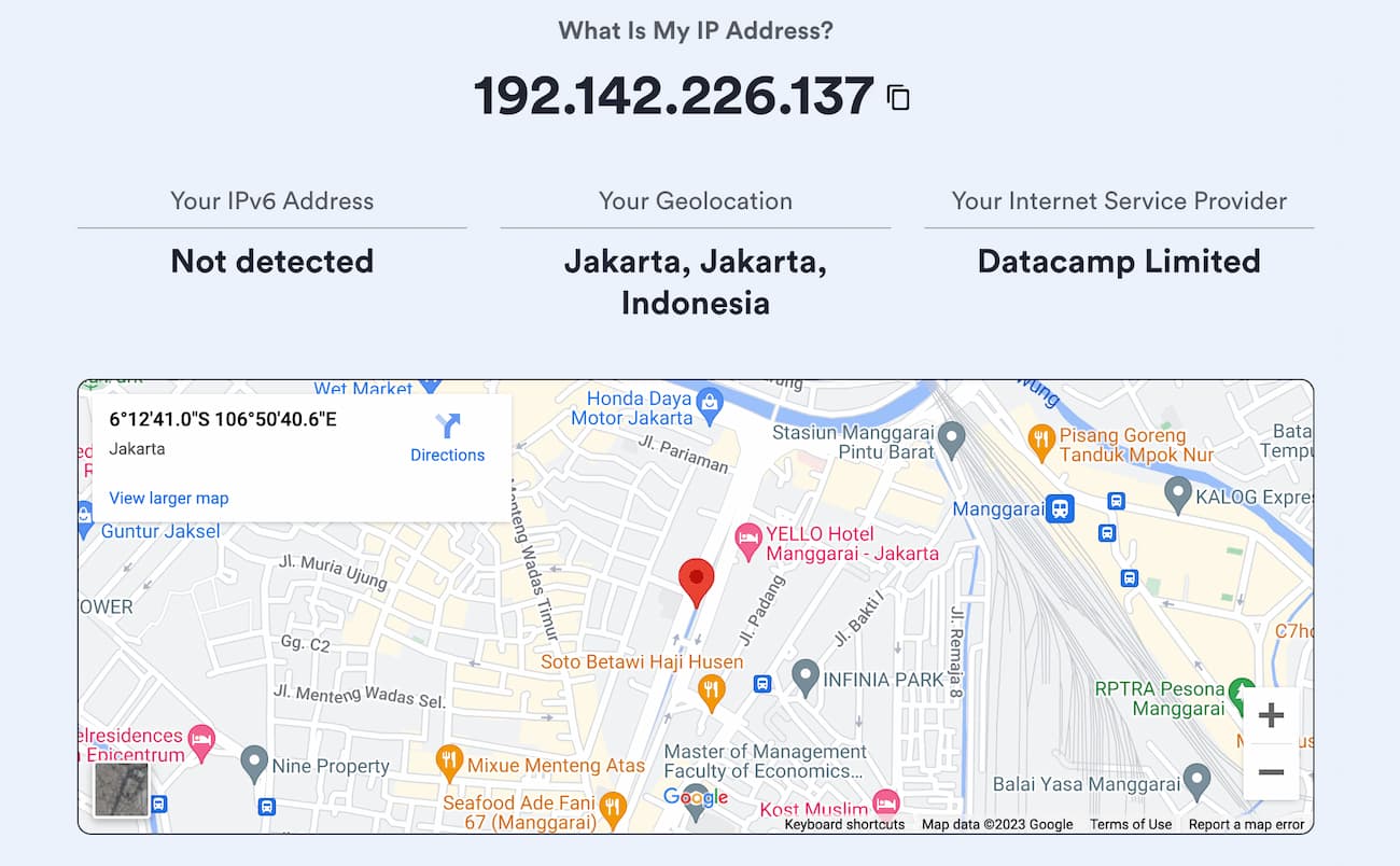 IP address checker showing an Indonesian IP address location