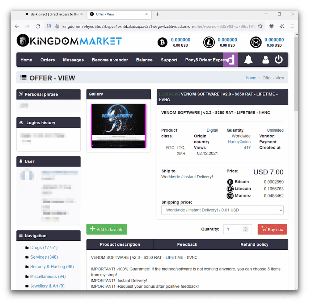 A listing for a remote-access-tool on Kingdom Market, commonly used by hackers and penetration testers.