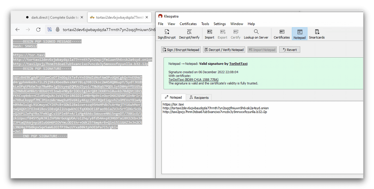Screenshot of Kleopatra validating a PGP signature.