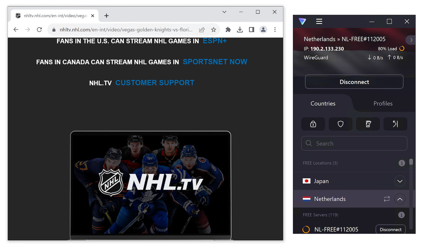 NHL.tv showing the error screen when trying to access it with Proton VPN Free