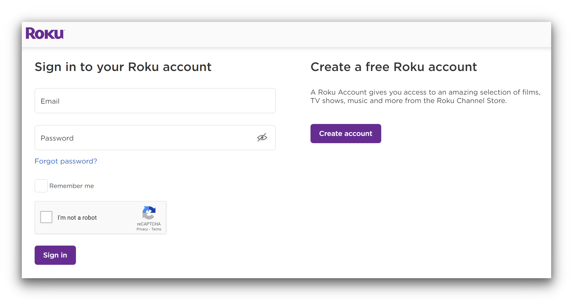 Roku account creation menu