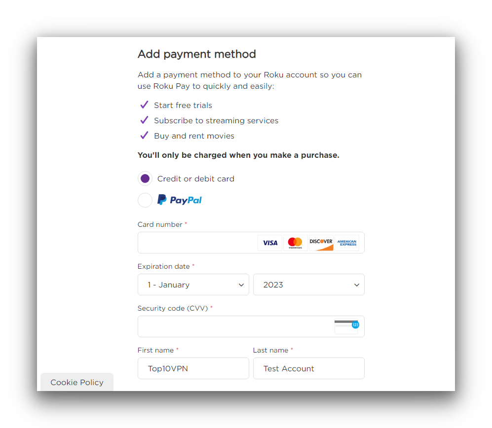 Adding a payment method to a Roku account