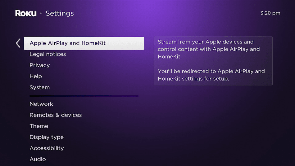 Apple AirPlay settings on Roku