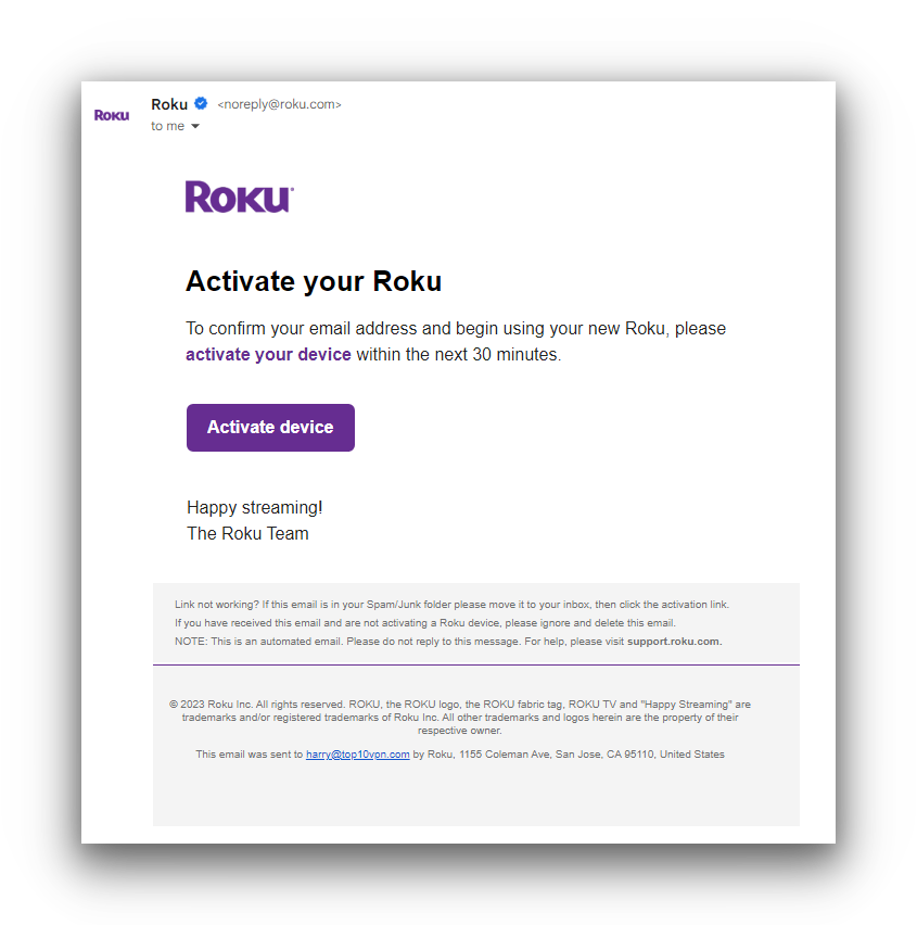Roku account activation email