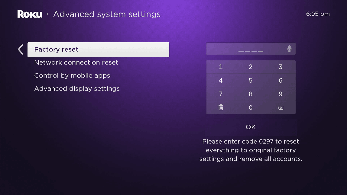 Factory reset code on Roku