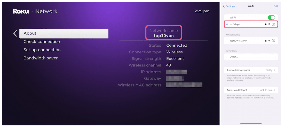 Roku and iOS devices connected to the same WiFi network