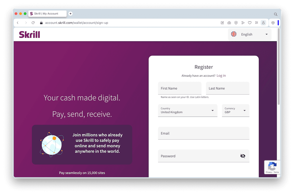 The Skrill signup webpage.