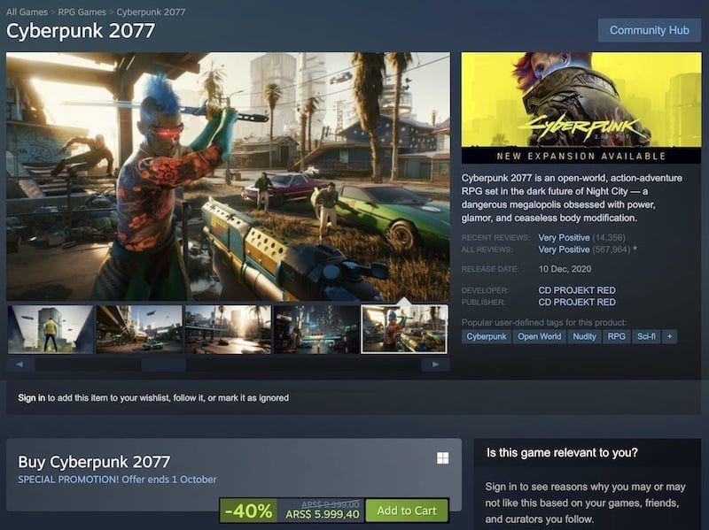 Argentine Steam store listing for Cyberpunk 2077 - it costs ARS$6,000.