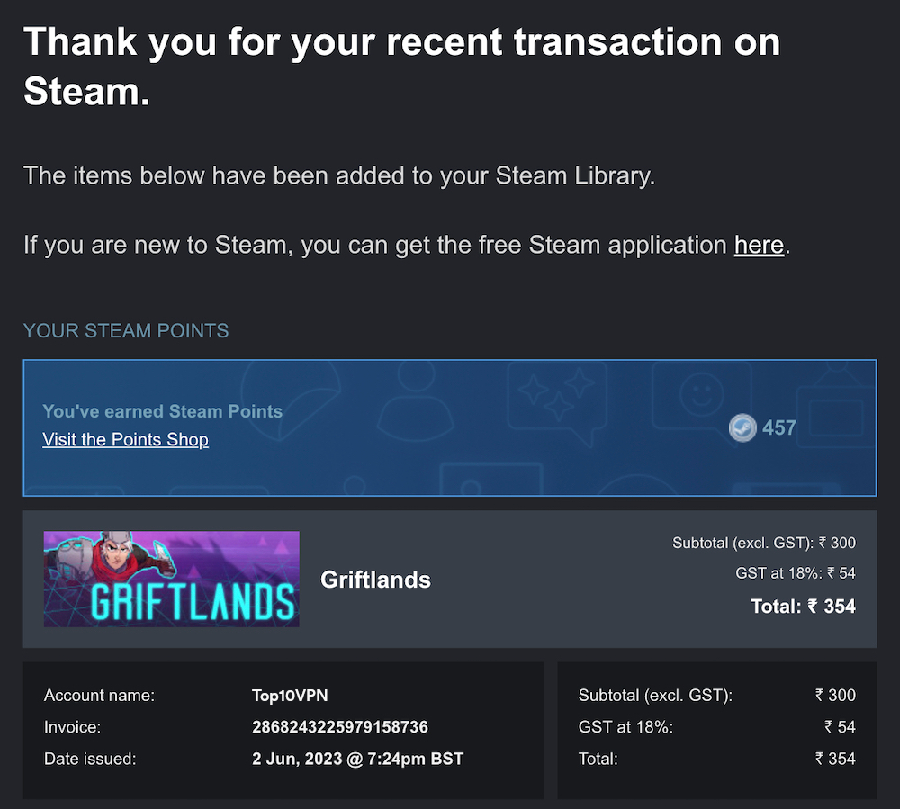 A receipt for a Steam purchase in Indian rupees.