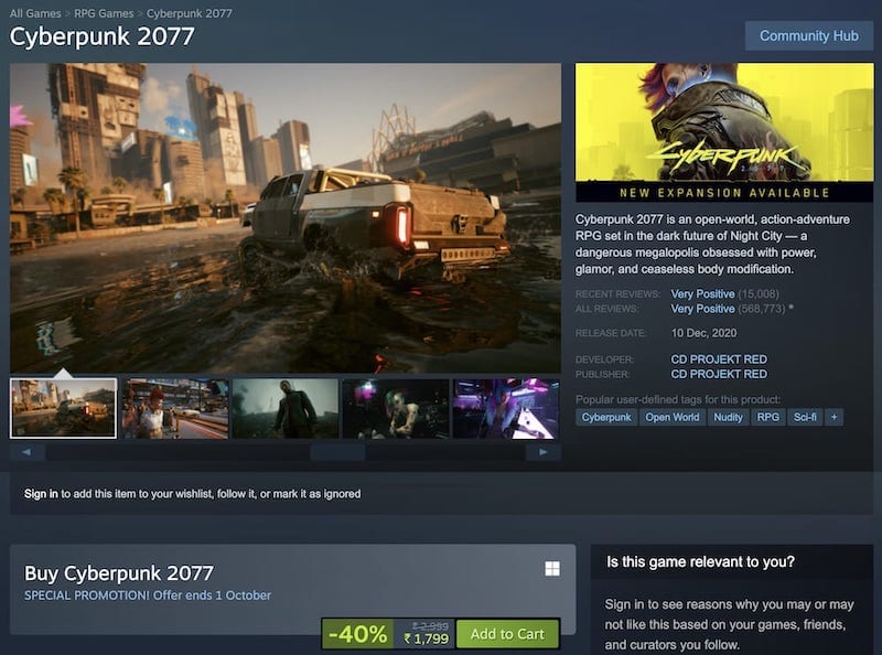 Indian Steam store listing for Cyberpunk 2077 - it costs INR₹1,799.