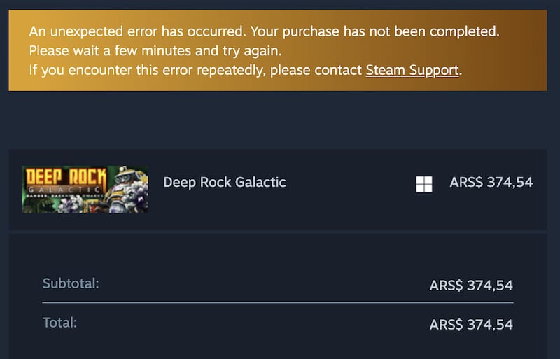 A Steam error message when attempting to purchase a game. The message vaguely blames an "unexpected error".