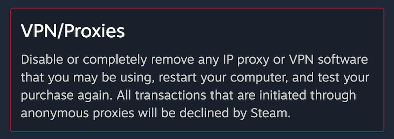 Uma mensagem de suporte do Steam sugerindo desativar todas as VPNs ou proxies antes de tentar realizar uma compra.