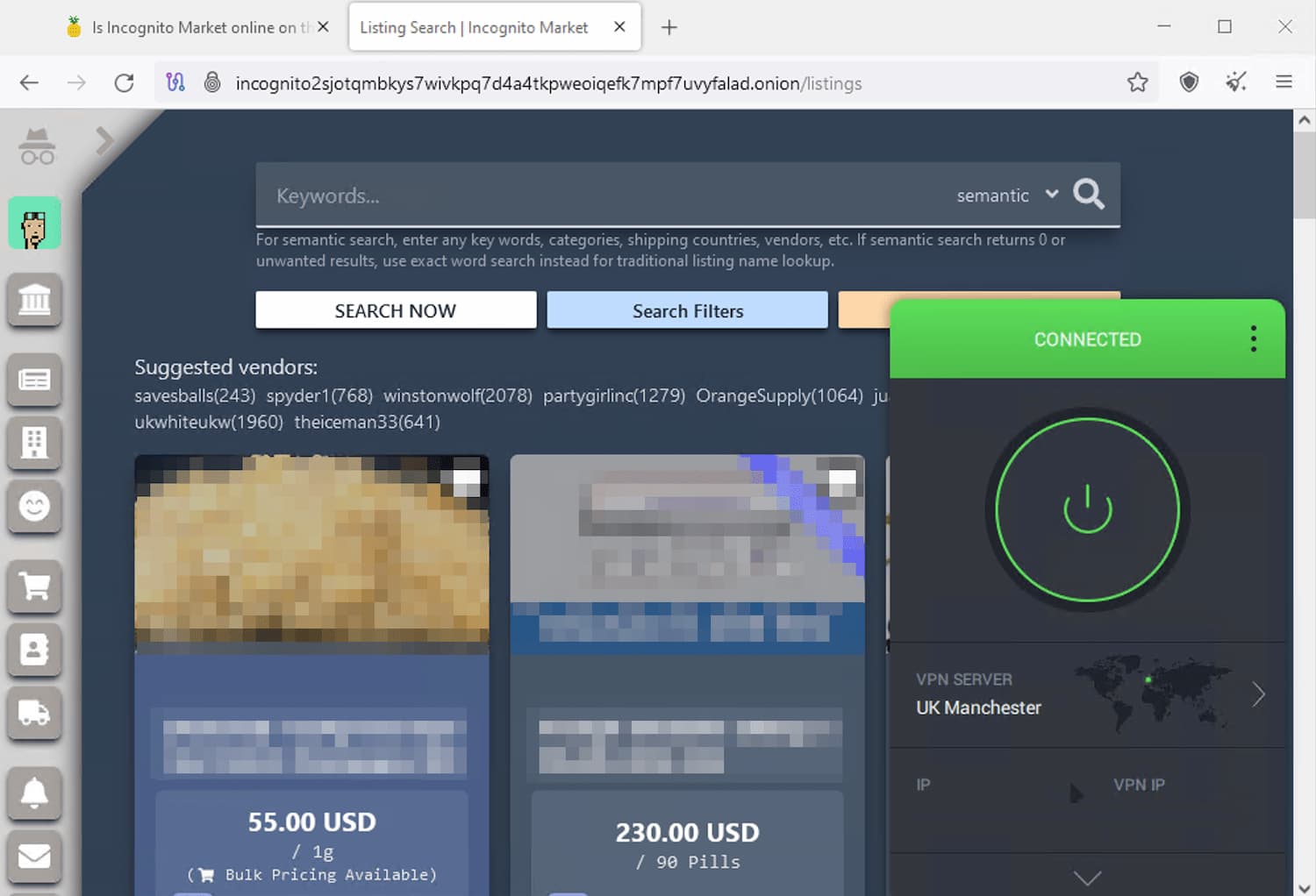 Screenshot of Incognito marketplace on the Tor browser.