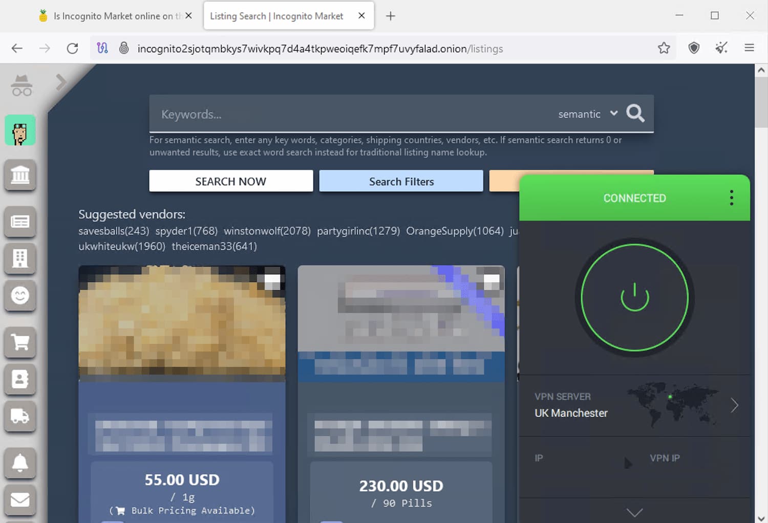 Screenshot of Incognito marketplace on the Tor browser. 