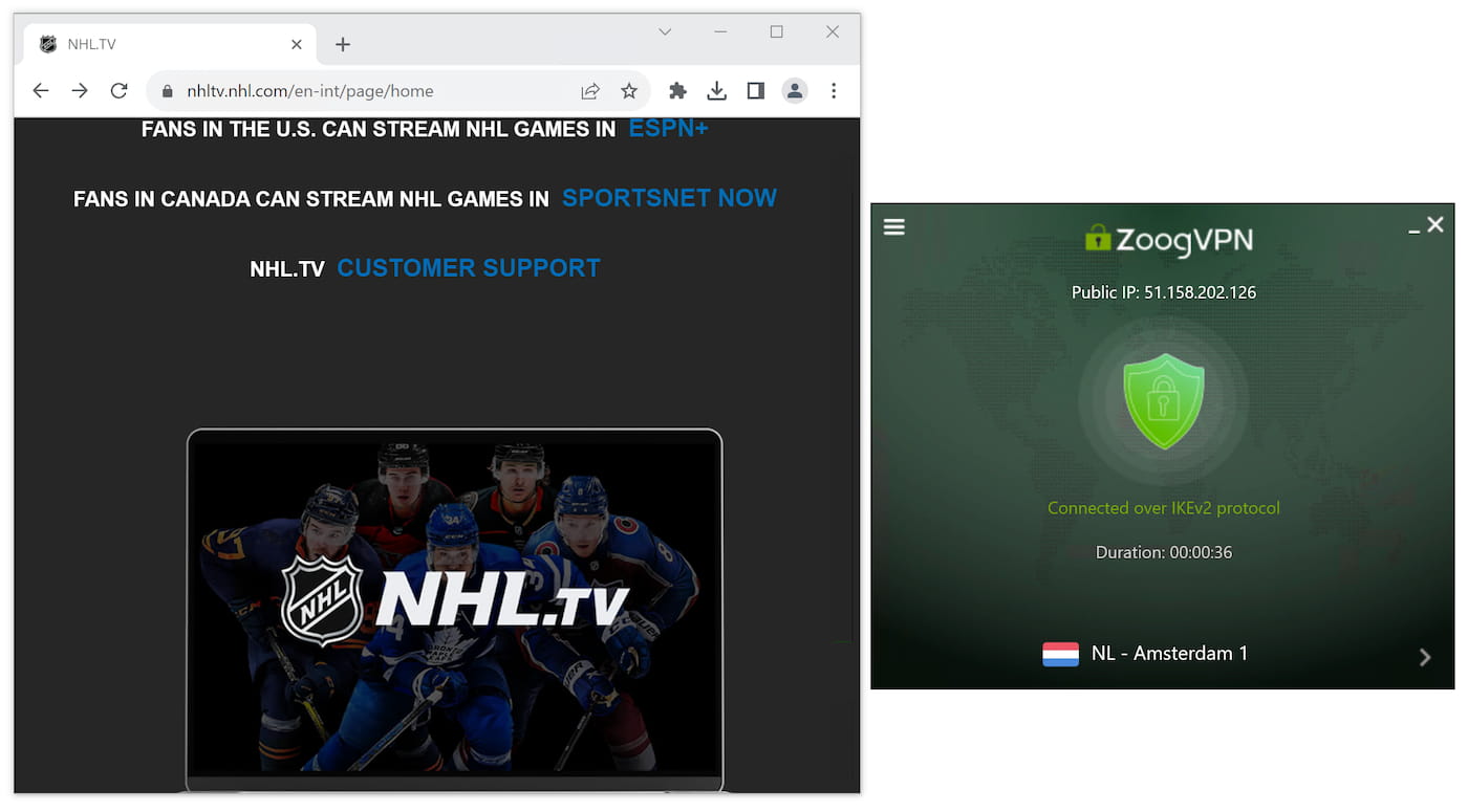 NHL.tv showing the error screen when trying to access it with ZoogVPN Free