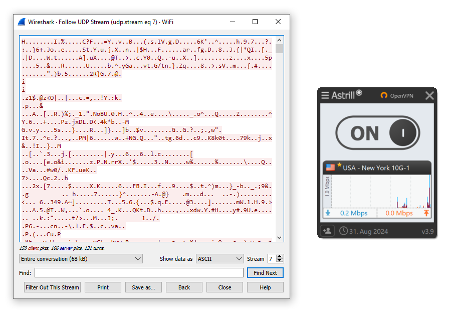 Risultati di Wireshark con Astrill 