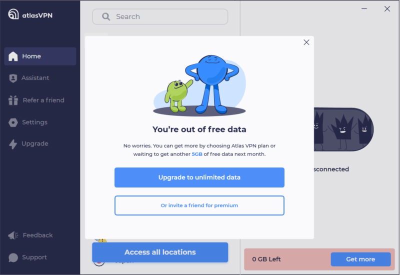 Atlas VPN Free running out of data