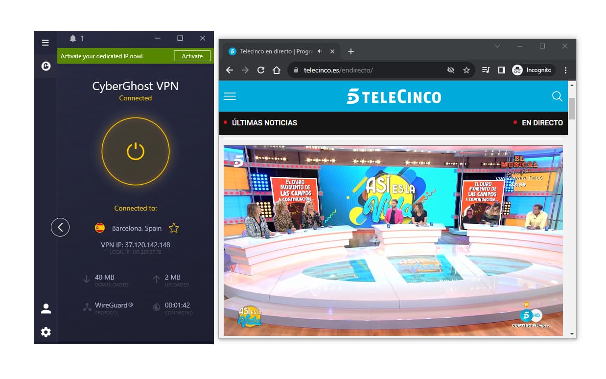 Desbloqueando Telecinco con CyberGhost.