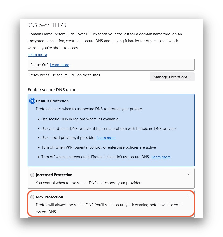 DNS over HTTPS settings on Firefox