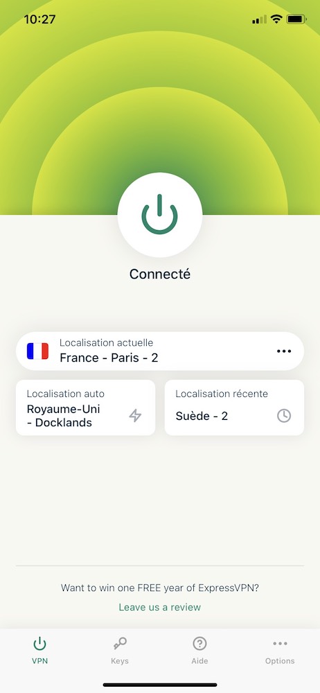 L'écran d'accueil d'ExpressVPN sur iOS en français