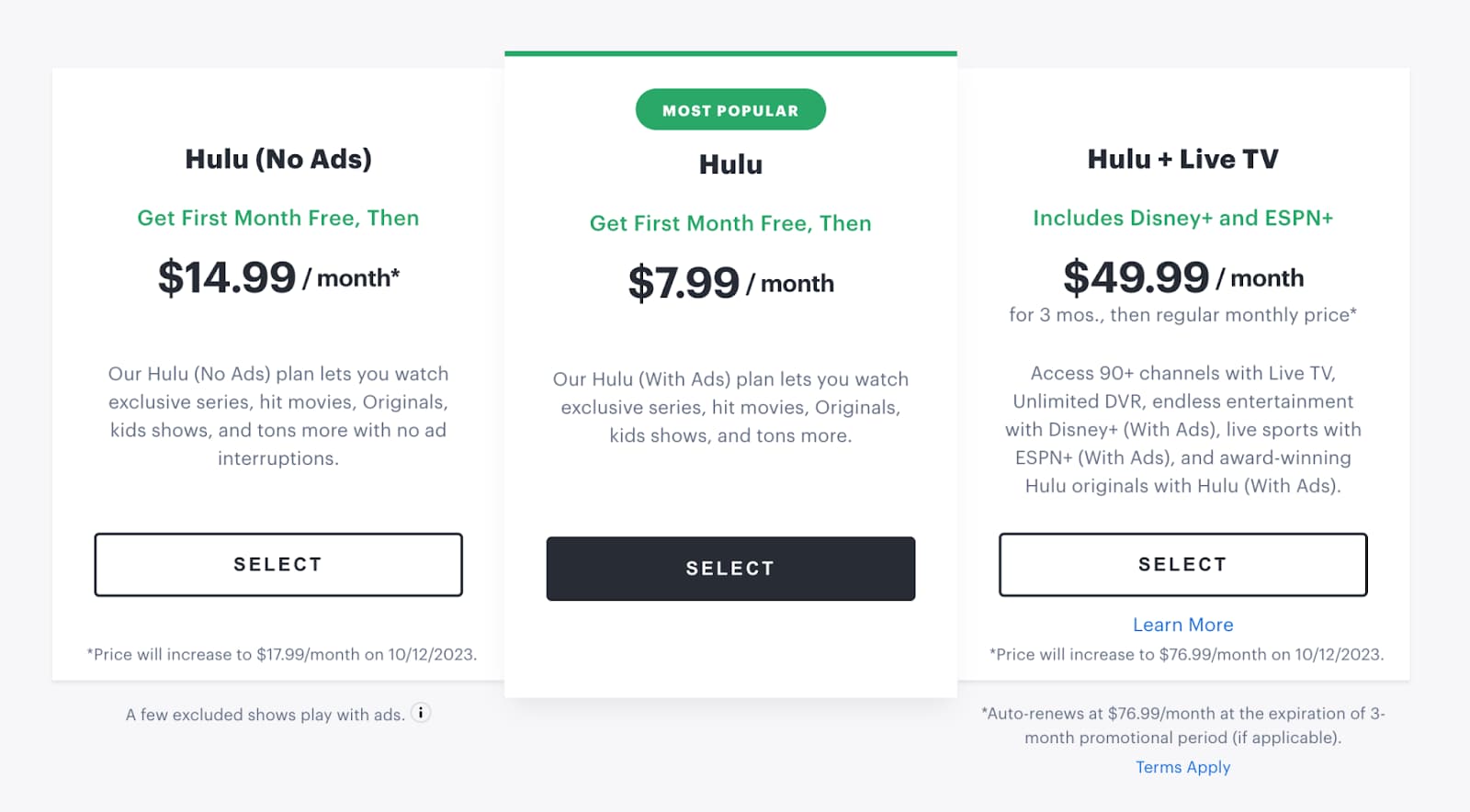 Hulu's different subscription plans
