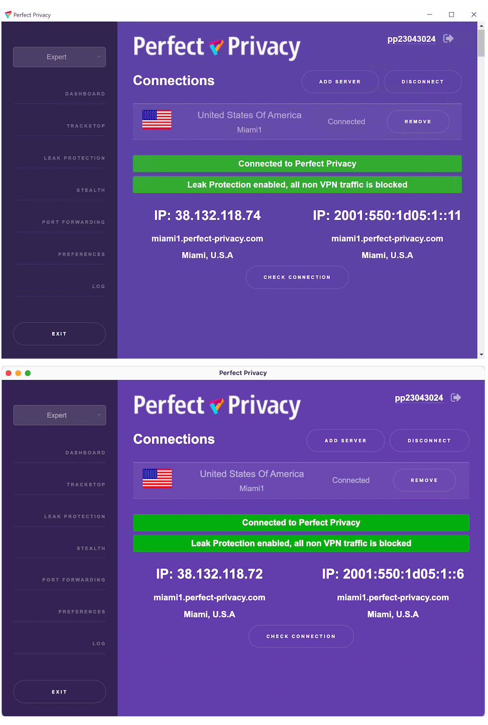 Perfect Privacy's PC and macOS app side-by-side
